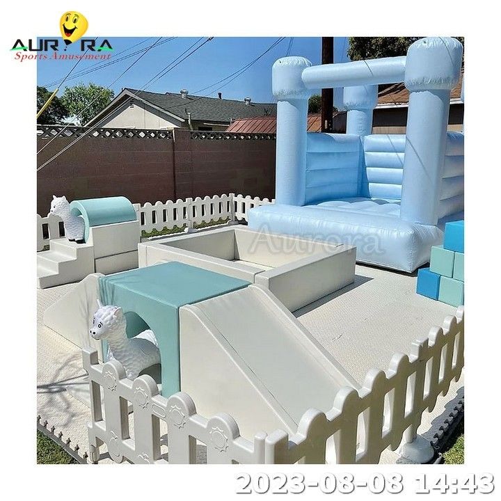 নীল inflatable bouncer নরম খেলার সেট শিশুদের পার্ক বোল পিট সঙ্গে স্লাইড বহিরঙ্গন খেলুন